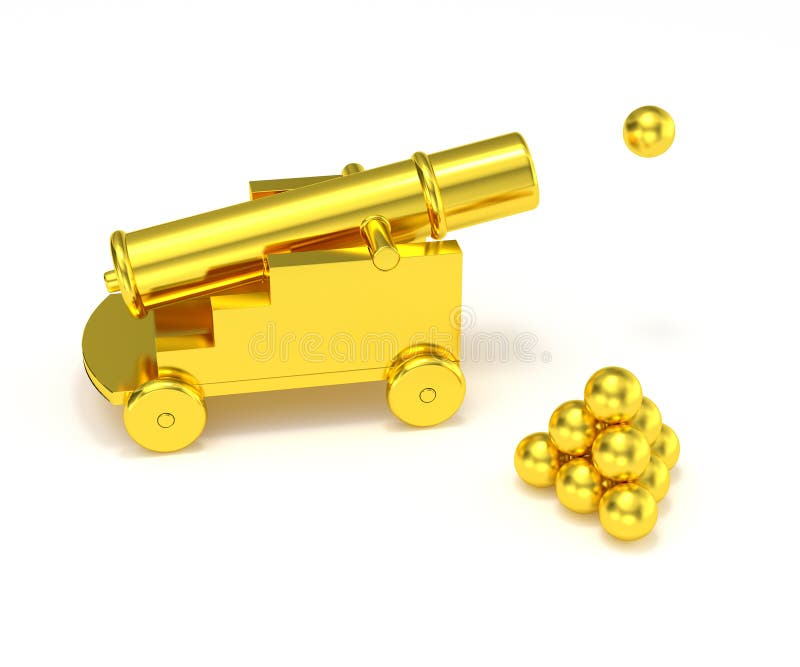 Isolated gold mini cannon ball pyramid. Treasure hunting, trade war, economic competition, adult toy. Stack vehicle illustrations