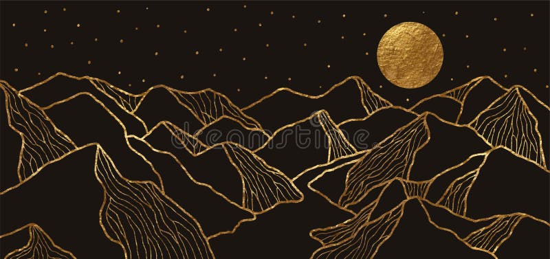 Golden Mountains, River, Full Moon, Stars. Luxury Landscape Wallpaper  Design with Glitter Texture on Black Background. Stock Vector -  Illustration of background, isolated: 217710297