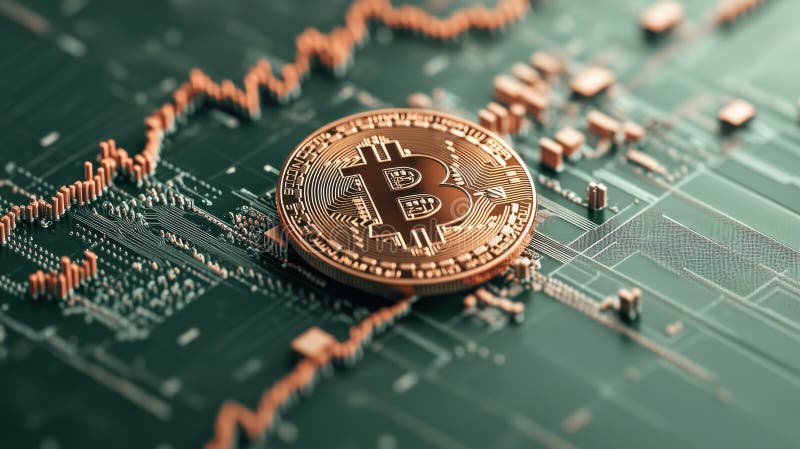 Golden-mynt i digital krets med stigande linje representerar ett kryptovalutahandelsbegrepp. Onlinefinansiering för integrerat sys royaltyfri foto