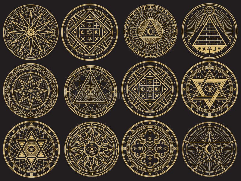 Golden mystery, witchcraft, occult, alchemy, mystical esoteric symbols. Witchcraft mystery emblem collection, magic religion tattoo. Vector illustration