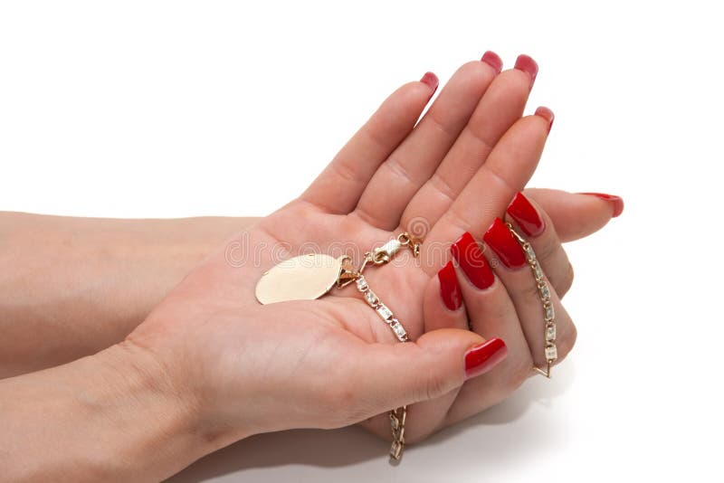Golden Necklace in Woman S Hands Stock Image Image of romantic, finger 21228811