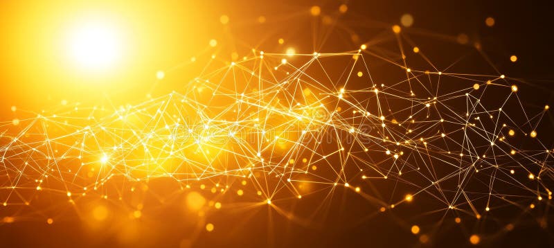 Golden Network Connections, Abstract Technology Background With Glowing Dots And Lines. vector illustration
