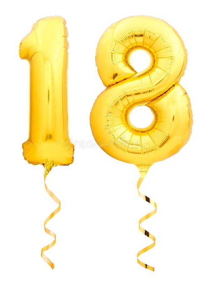 Golden number 18 eighteen made of inflatable balloon with ribbon isolated on white