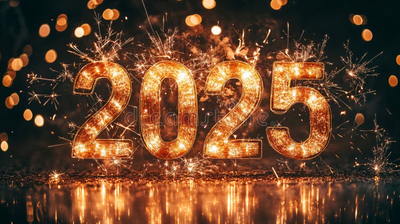 Golden number 2025 and fireworks on blue sparkle and glitter bokeh background. Merry Christmas and Happy New Year celebrating winter holiday background. Festive banner, greeting card. Text greeting stock images, royalty-free photos and pictures