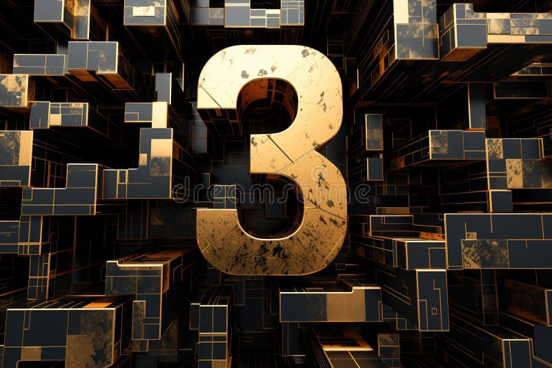 Golden Number Three on Black Background. Symbol 3 Stock Photo - Image