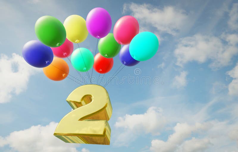 Golden number two flies high in the sky in balloons. Happy birthday