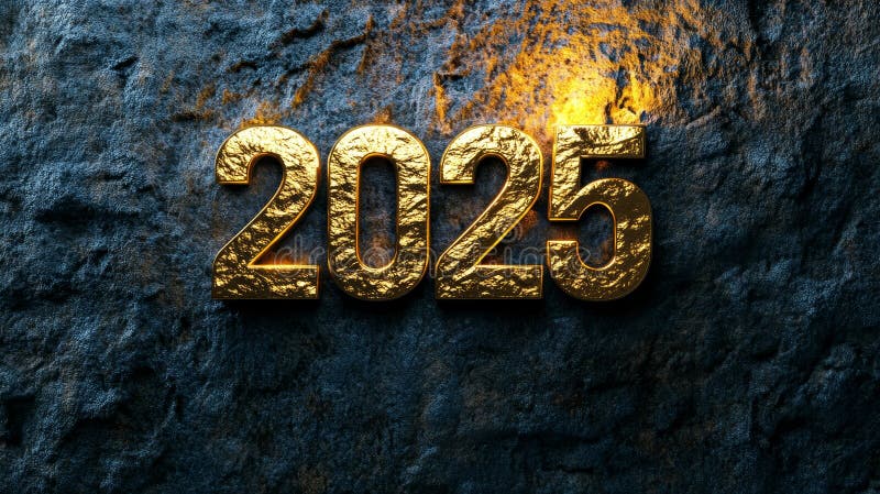 Golden Numbers Representing the Year 2025 A striking visual of the year 2025 highlighted in gold against a textured dark stock illustration