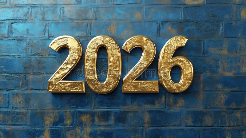 Golden 2026 numbers on textured blue brick wall. Celebration. Gold number 2026 , 3D, relief. royalty free stock photography