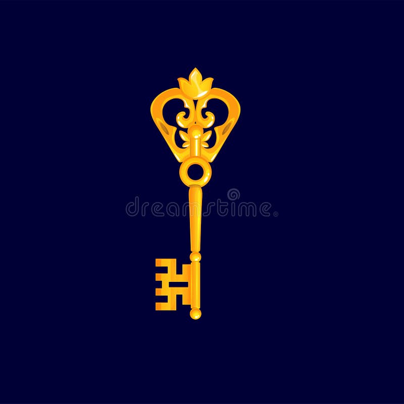 Golden old vintage key isolated cartoon opener