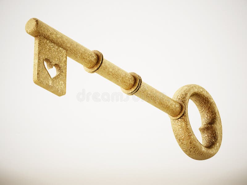 Golden ornate key with heart symbol isolated on white background. 3D illustration