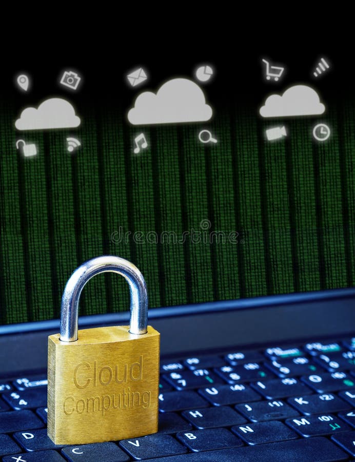 Golden padlock on computer laptop keyboard with Cloud Computing icons and binary data. Concept of Internet security, data privacy stock images Golden padlock on computer laptop keyboard with Cloud Computing icons and binary data. Concept of Internet security, data privacy stock images