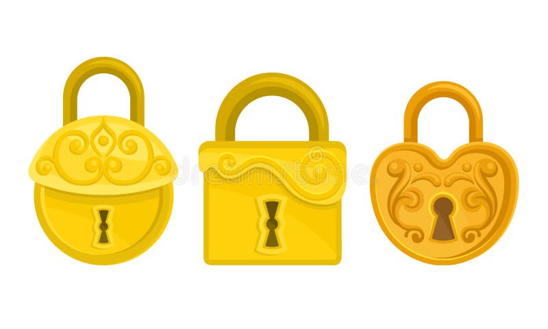 Golden Padlock with Keyhole as Security Mechanism Vector Set. Metal Object for Locking System Concept