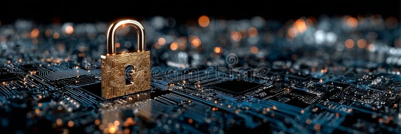Golden Padlock on Quantum Circuit Board Advanced Cybersecurity for Blockchain and Data Protection vector illustration