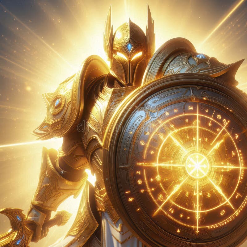 Golden Paladin Warrior with Glowing Shield and Sword stock illustration
