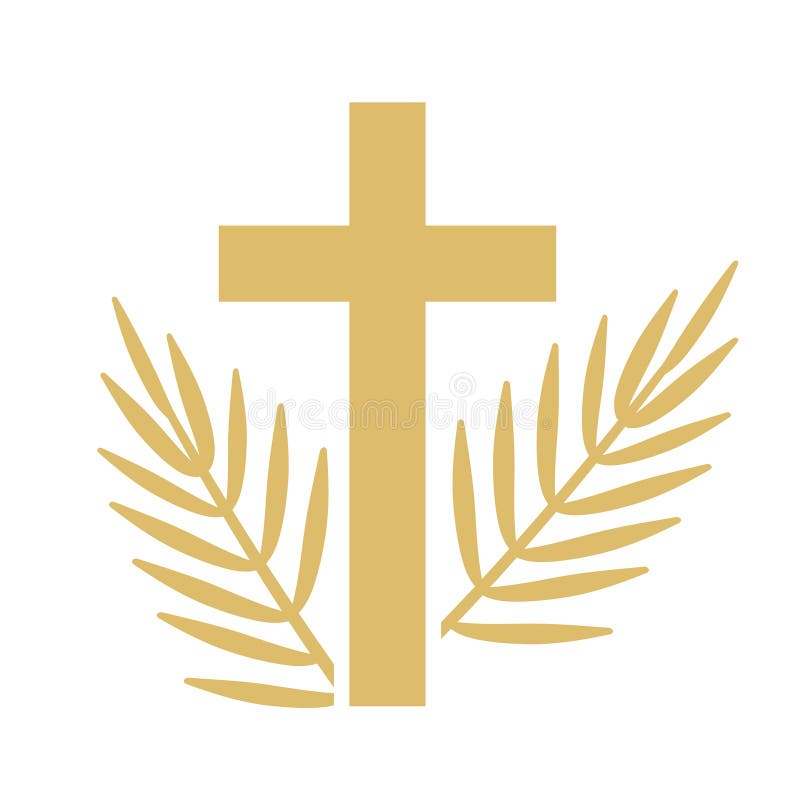 Golden Palm Leaf and Cross, Easter, Palm Sunday Symbol Stock Vector