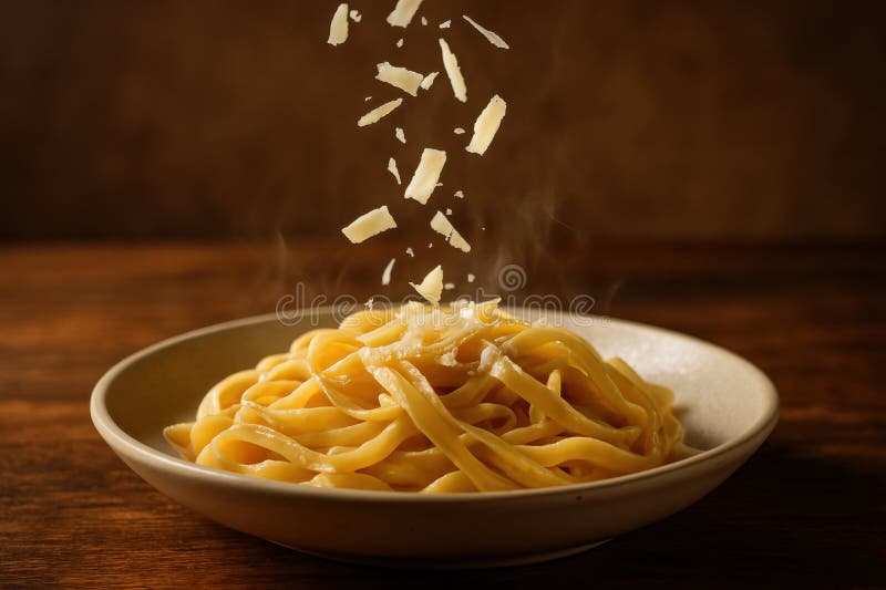 Golden pasta med smältande ostflingor i varmt rustiskt ljus vektor illustrationer
