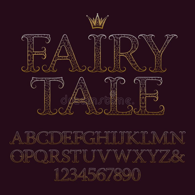 Golden patterned capital letters and numbers. Decorative vintage font. Isolated english alphabet with text Fairy Tale vector illustration Golden patterned capital letters and numbers. Decorative vintage font. Isolated english alphabet with text Fairy Tale vector illustration