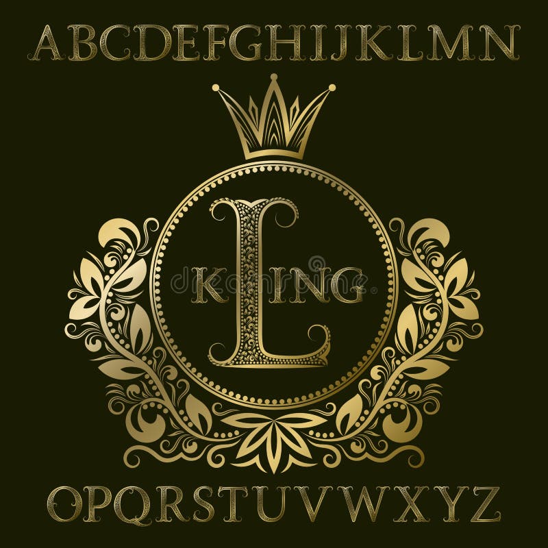 Golden Patterned Letters And Initial Monogram In Coat Of Arms Form With Crown. Royal Font And Elements Kit For Logo Design Stock Vector - Illustration Of Baroque, Crown: 103303720