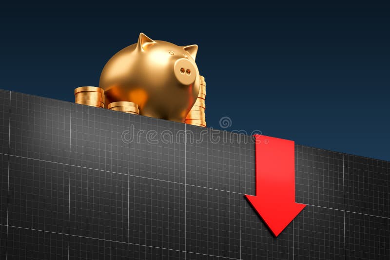 Golden piggy bank and coins next to descending red arrow on graph. 3D Rendering vector illustration