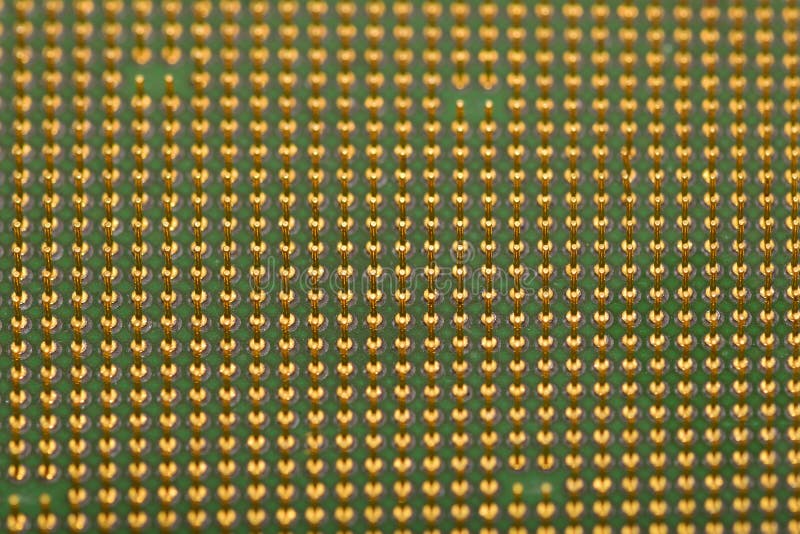 Golden pins of a core. CPU bottom. Central processor unit. Shallow depth of field royalty free stock images