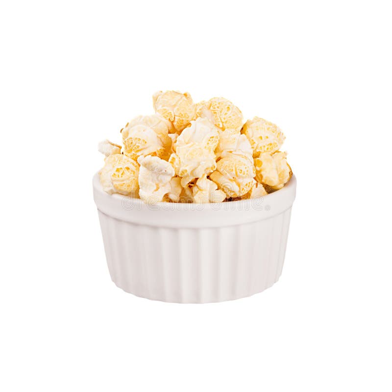 Golden popcorn with in white ceramics bowl isolated on white background. stock image Golden popcorn with in white ceramics bowl isolated on white background. stock image