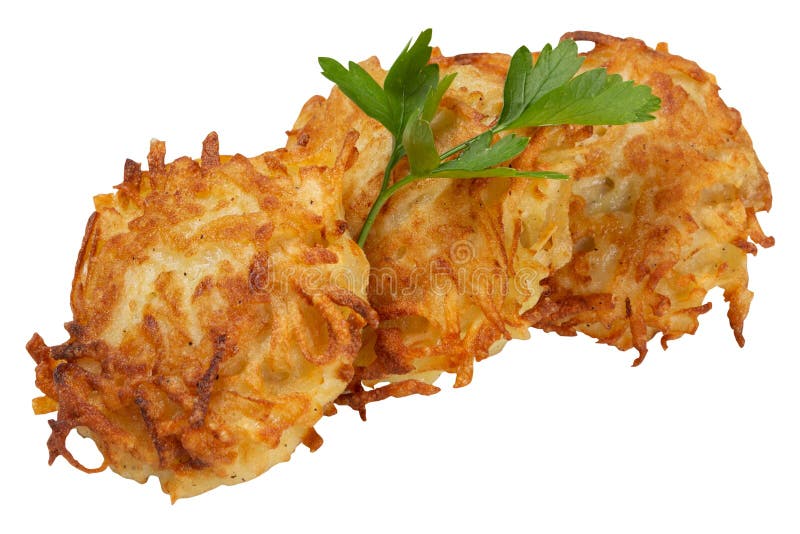 Golden Potato Pancakes, Fried in a Pan, Decorated with Parsley Leaf, on