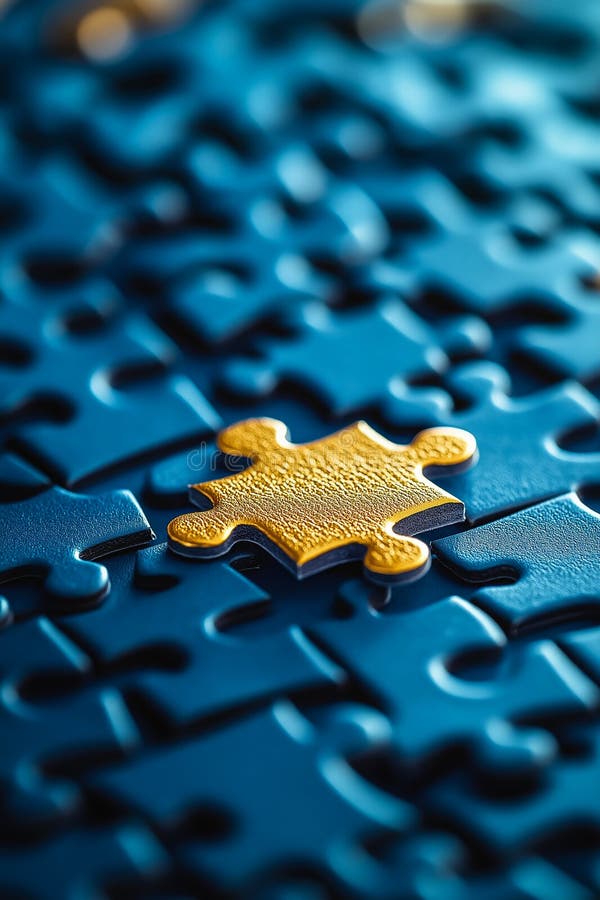 Golden Puzzle Piece Completing Blue Jigsaw Puzzle, Concept of Teamwork