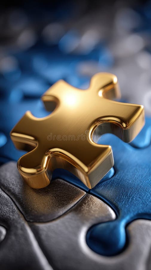 Golden Puzzle Piece Completing Connection on Blue and Silver Textured Background Concept of Problem Solving and Teamwork royalty free stock photos