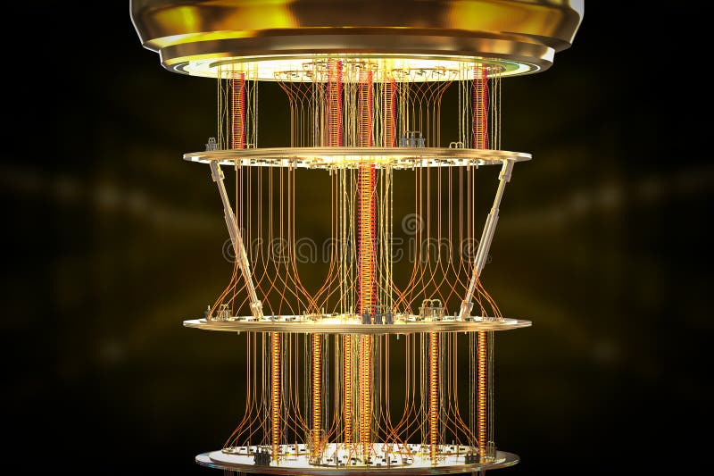 Golden quantum computer machine close up stock illustration