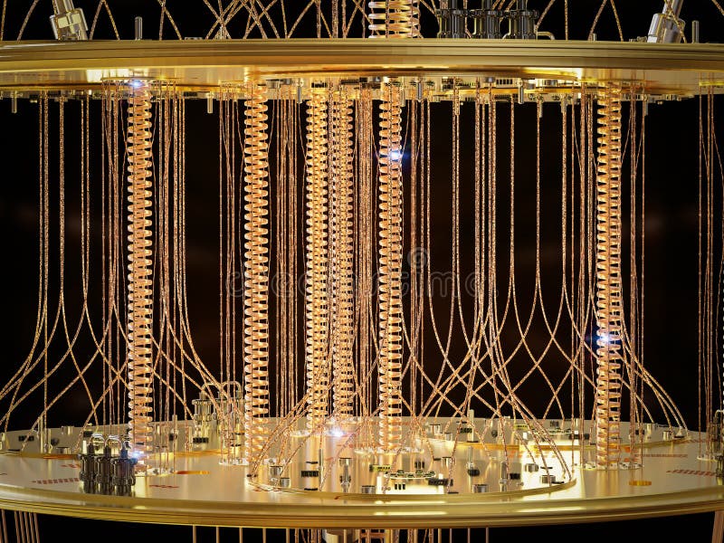 Golden quantum computer machine close up vector illustration