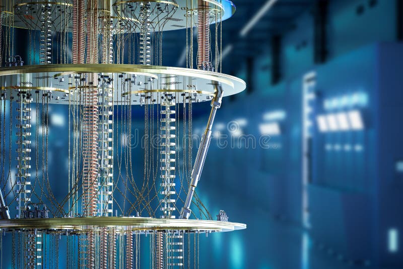 Golden quantum computer machine close up stock illustration