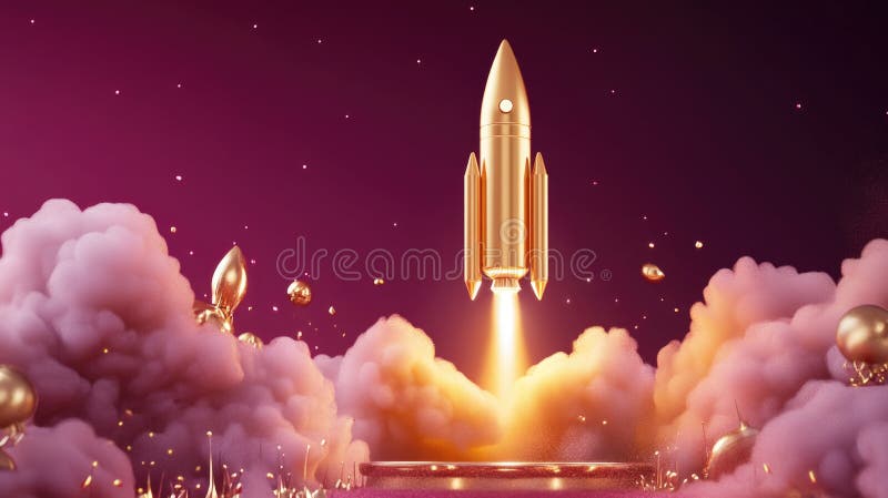 Golden-raketuppskjutning mitt under rosa rök och stjärnnattskyn royaltyfri fotografi
