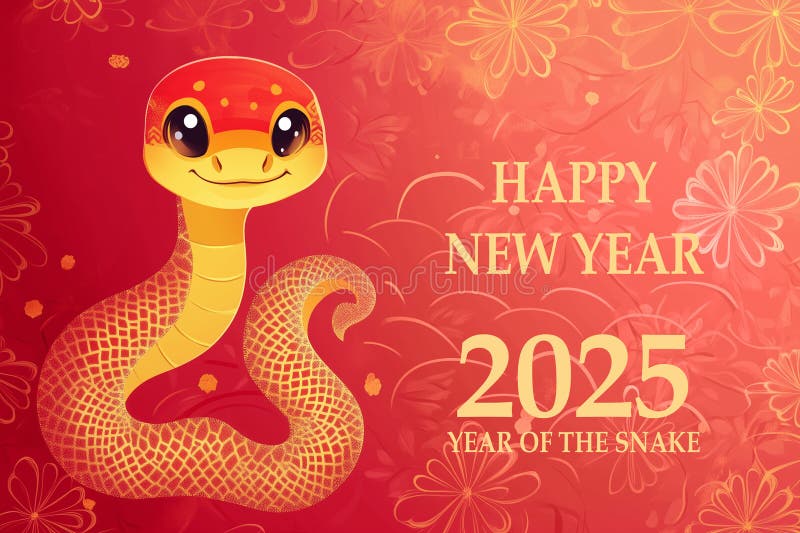 Golden and red cute baby snake, Happy New Year, 2025 chinese and lunar year of the snake celebration, new year greeting card vector illustration