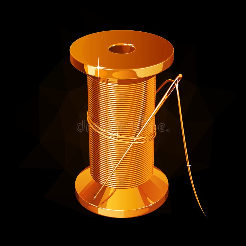 Golden reel of thread with a needle on a black background