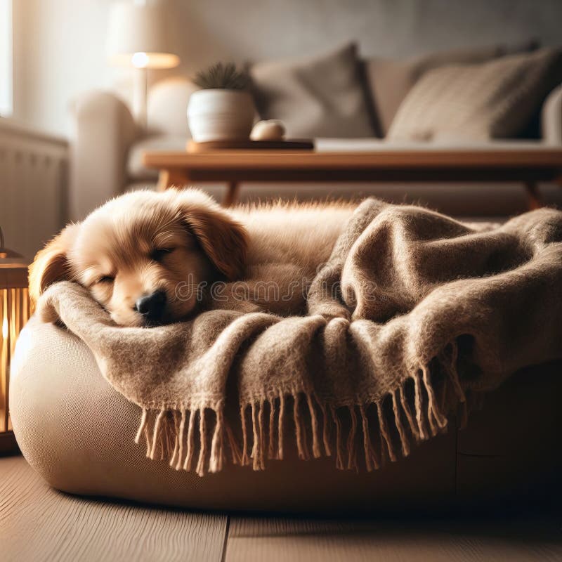 Golden Retriever Puppy Sleeping on a Cozy Dog Bed in a Living Room. Stock Photo Image of brown furniture 298180326