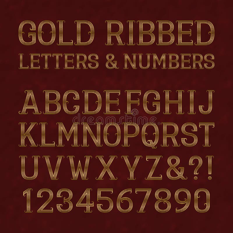 Golden Ribbed Letters And Numbers With Flourishes On Red Marble Stock