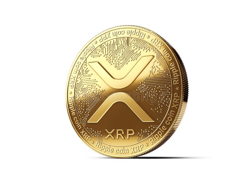 Golden Ripple XRP cryptocurrency physical concept coin isolated on white background. 3D rendering