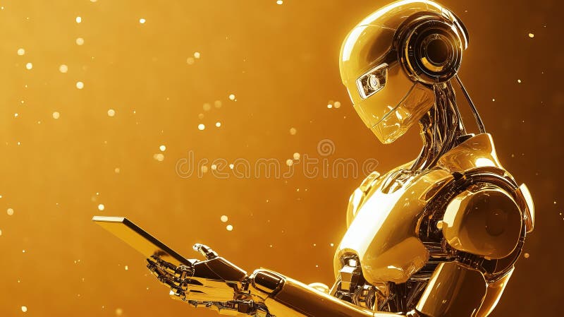 Golden robot analyzing data on tablet in futuristic setting with ambient lighting stock images