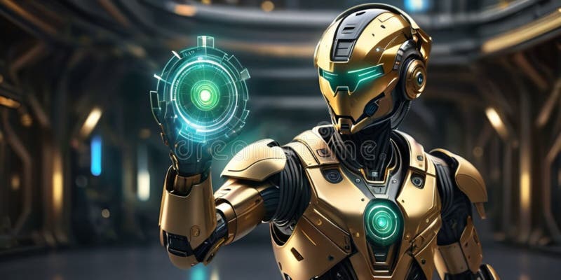 Golden robot look at energy source , the power of future humanoid robots, stock photography.