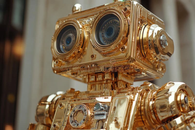 Golden robot stands in urban setting, embodying futuristic technology and artificial intelligence stock photos