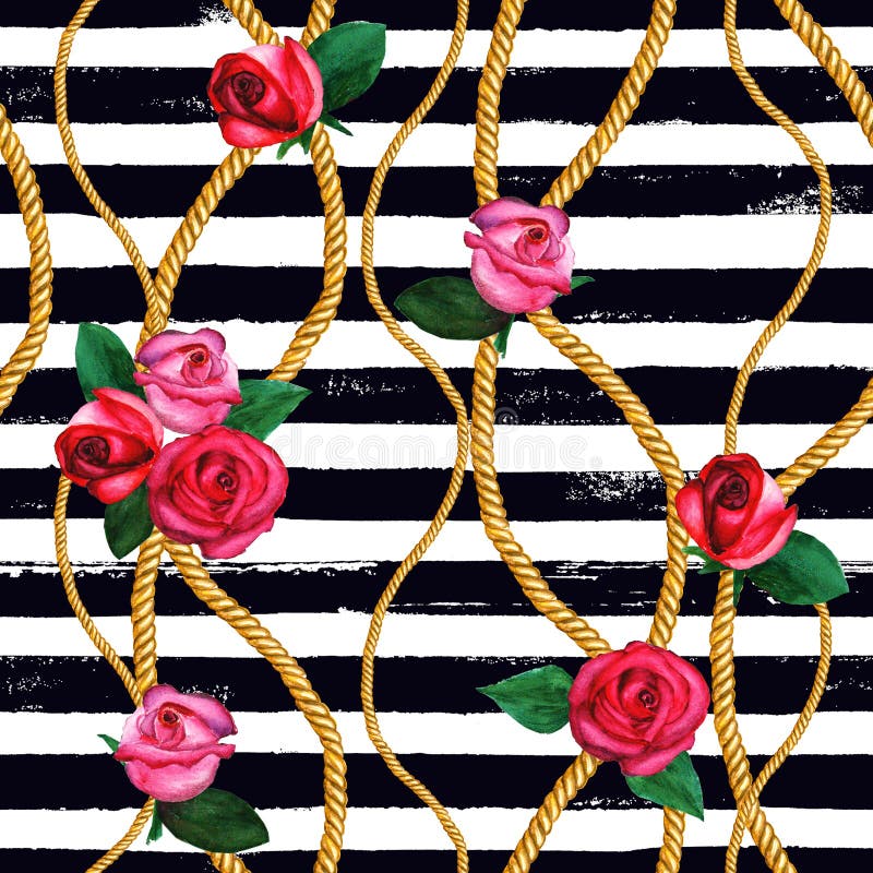 Golden rope chains, rose seamless pattern. Watercolor hand drawn fashion texture with gold chain ropes, roses on black and white stripe background. Watercolour print for textile, fabric, wrapping