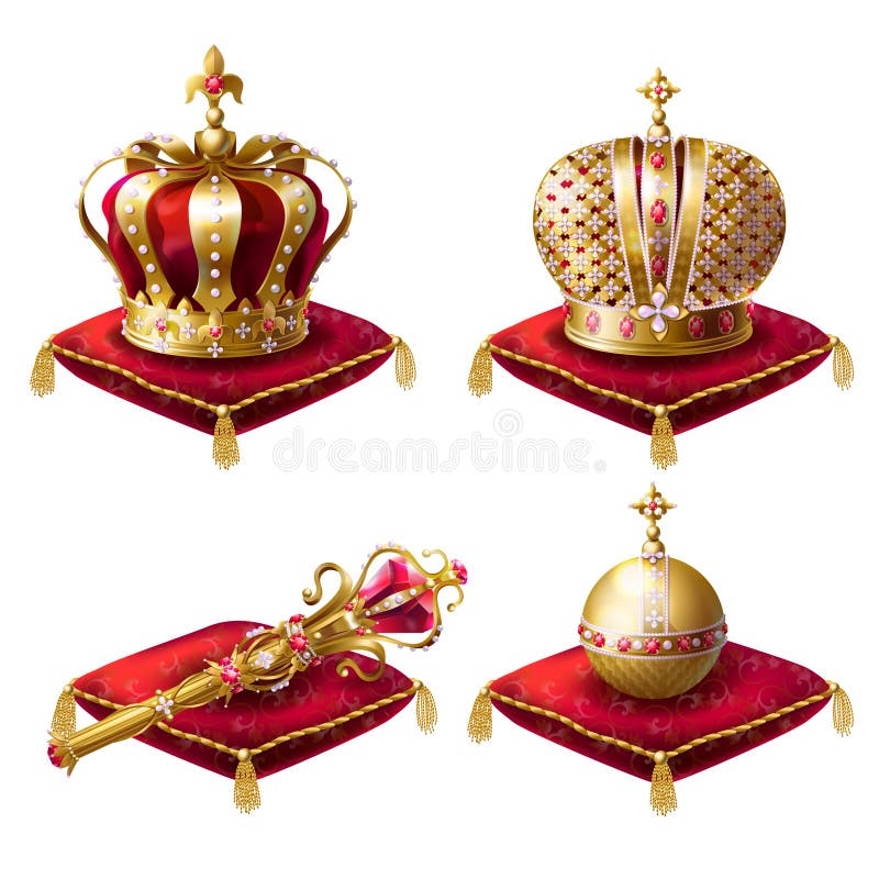 Golden royal crowns, scepter with gem stone and globus cruciger lying on red ceremonial pillow with tassels realistic illustrations set isolated on white background. Symbols of monarchy power. Golden royal crowns, scepter with gem stone and globus cruciger lying on red ceremonial pillow with tassels realistic illustrations set isolated on white background. Symbols of monarchy power