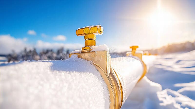 Golden-rörledning med ventil täckt i snöglöd i ljust vintersol stock illustrationer
