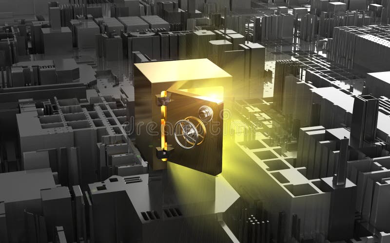 Opened golden safe. Secure data, wealth, success, investment background vector illustration