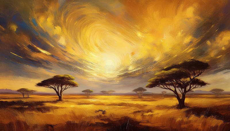 Golden Savannah under Dramatic Radiant Sunset Sky royaltyfri illustrationer