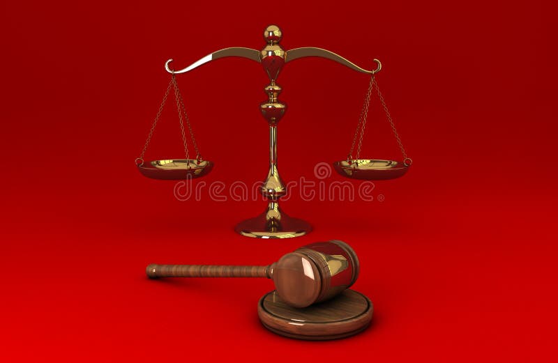 Golden scale and gavel on red solid background vector illustration