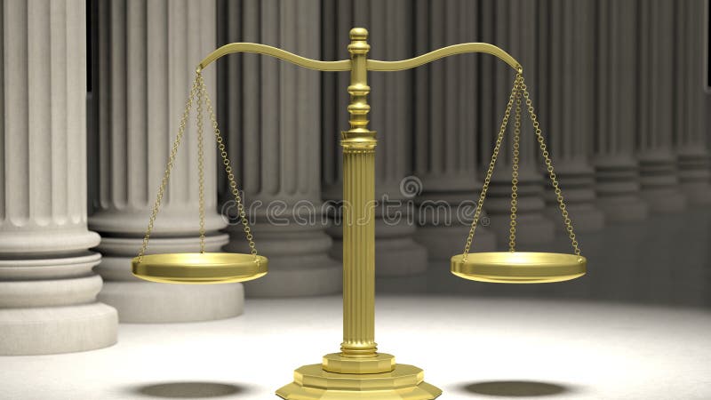 Golden scale of justice with ancient pillars stock illustration
