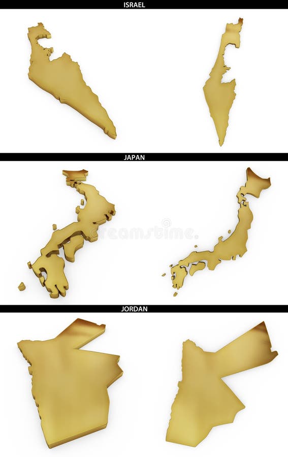 Golden shapes from the Asian states Israel, Japan, Jordan stock illustration