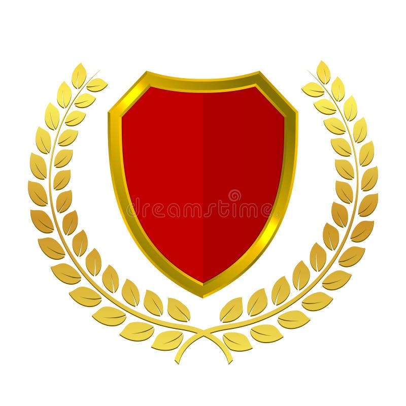 Golden shield logo with laurel wreath. Red and gold medieval heraldic vector illustration. Creative vintage icon. vector illustration Golden shield logo with laurel wreath. Red and gold medieval heraldic vector illustration. Creative vintage icon. vector illustration