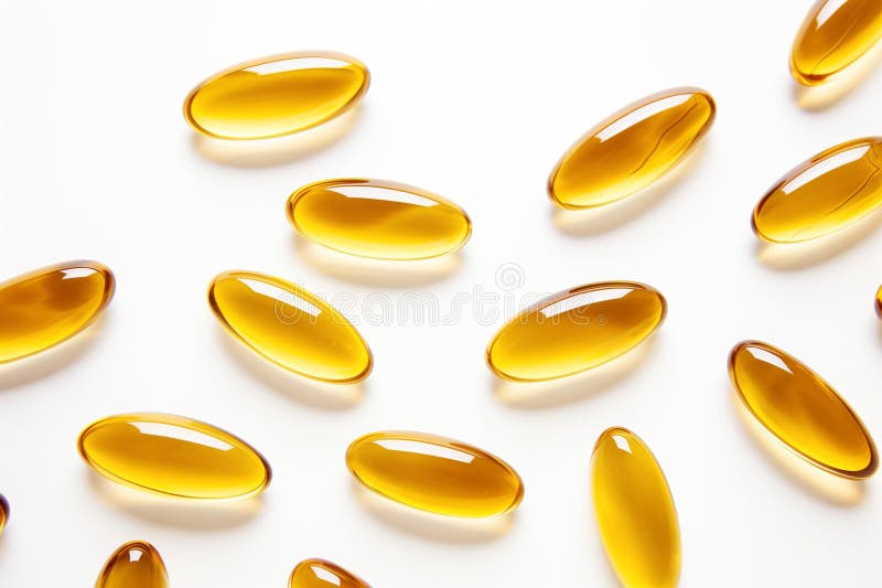 Golden shine Omega-3 capsules on white. Medicine healthy supplement for healthy diet fish oil. White background close up